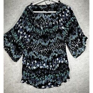 Worthington Women’s Top Blouse Plus Size 1X Boat Neck Pleated  Blue Green Floral